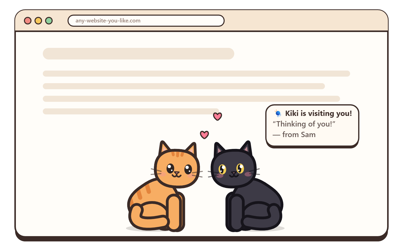 A browser window with an orange cat and a visiting black cat sitting together. A speech bubble reads: Kiki is visiting you! Thinking of you! From Sam.